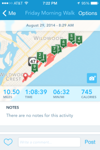 A saved RunKeeper activity shows distance, time and even calories burned (provided the user inputs his/her weight).